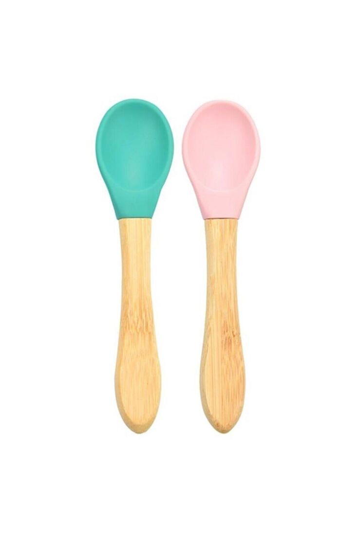 Silikon Mama Kaşığı 2'li Bambu Saplı Aqua Green/Pinky Pink - 1